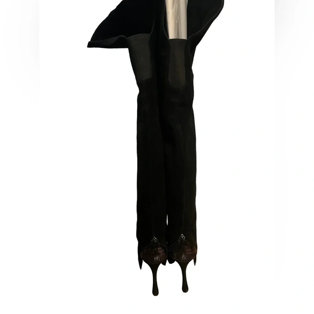 H by Halston Vintage Black Leather Suede over the Knee Platform Heel Boots 7.5